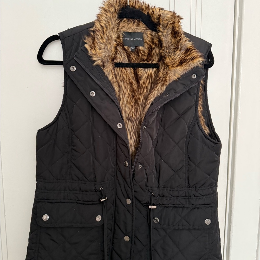 Adrienne Vittadini Black Quilted Vest with Faux Fur Lining